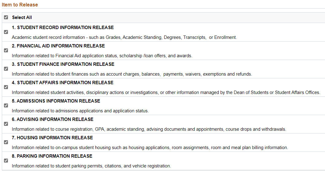 Select category of information