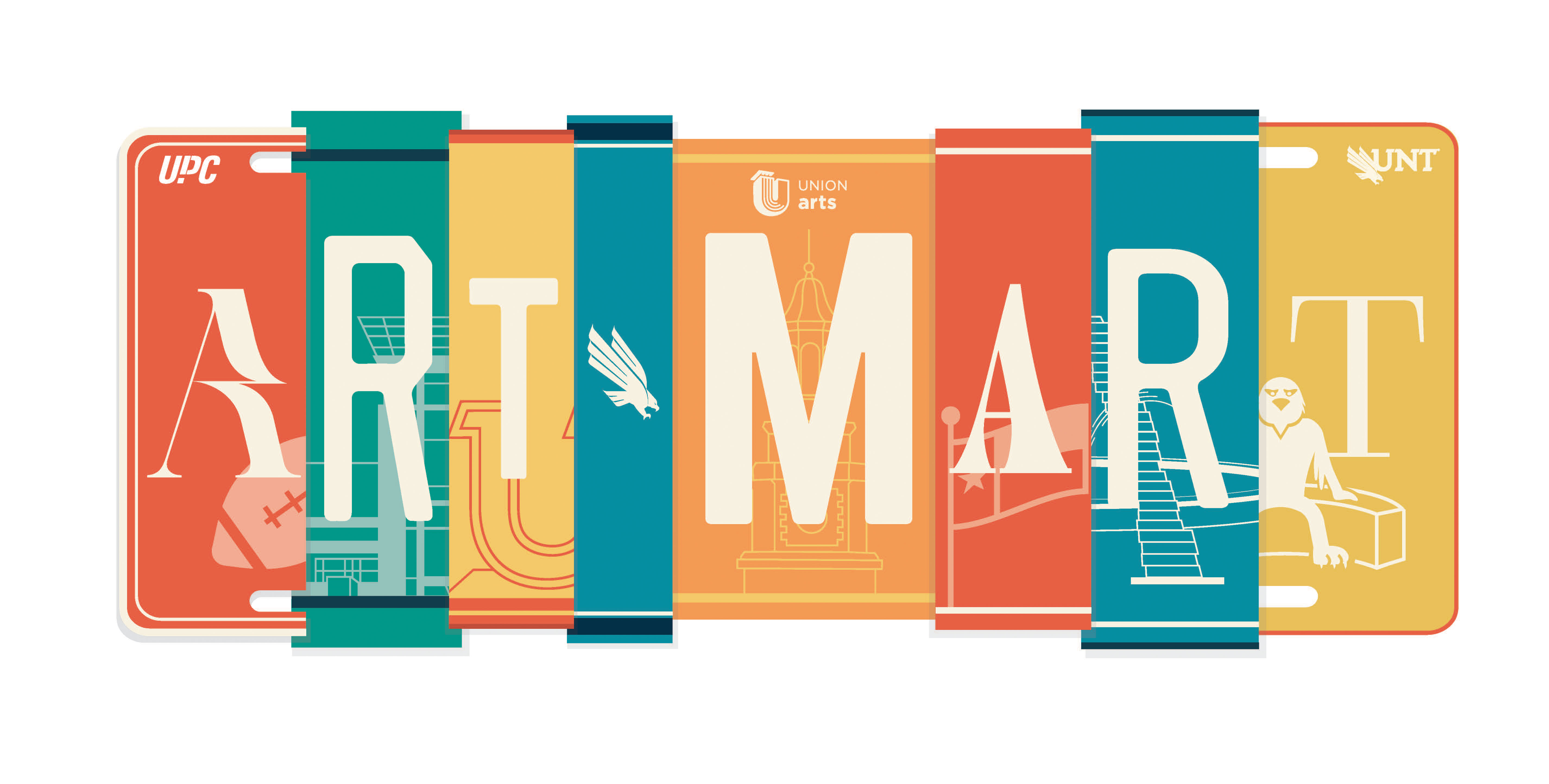 drawn license plate logo that says art mart with UNT landmarks in the background