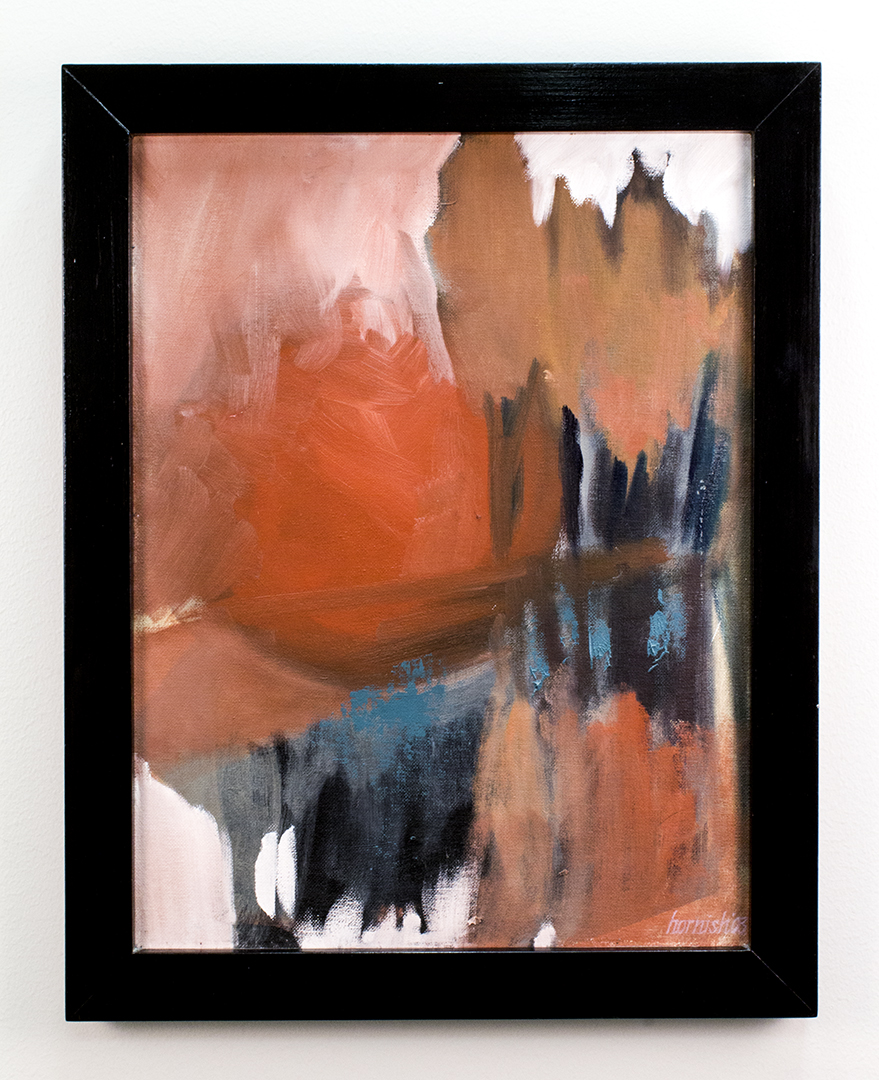 image of a painting with reds, pinks, and blues titled red sun