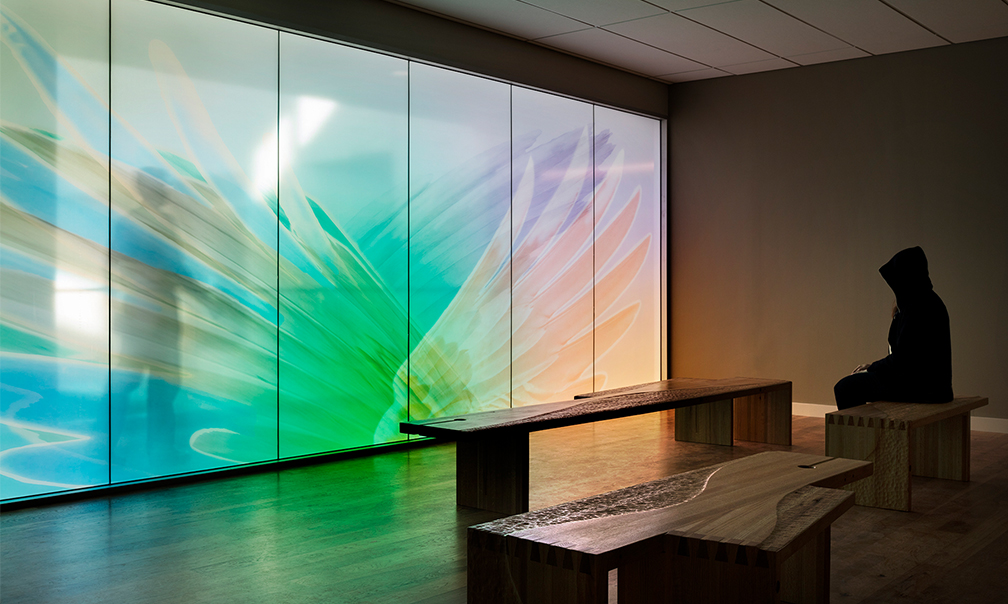 image of the meditation room with a student relaxing